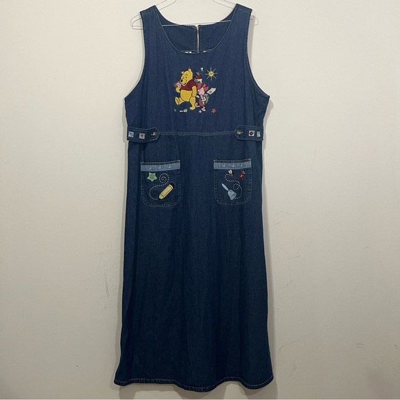 Disney Dresses & Skirts - VTG Disney Catalog Winnie the Pooh Denim Dress Jumper Overall Womens Sz XL 90s